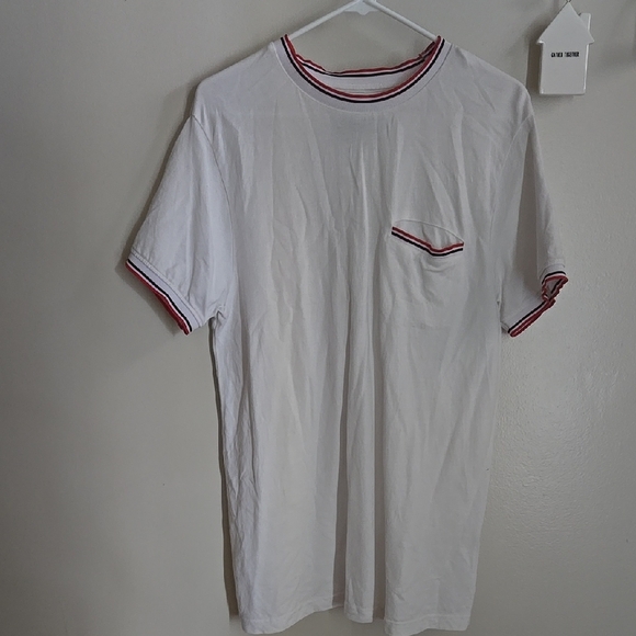 D&F Other - Men's White Short Sleeve Shirt With Red And Blue Stiped Cuffs